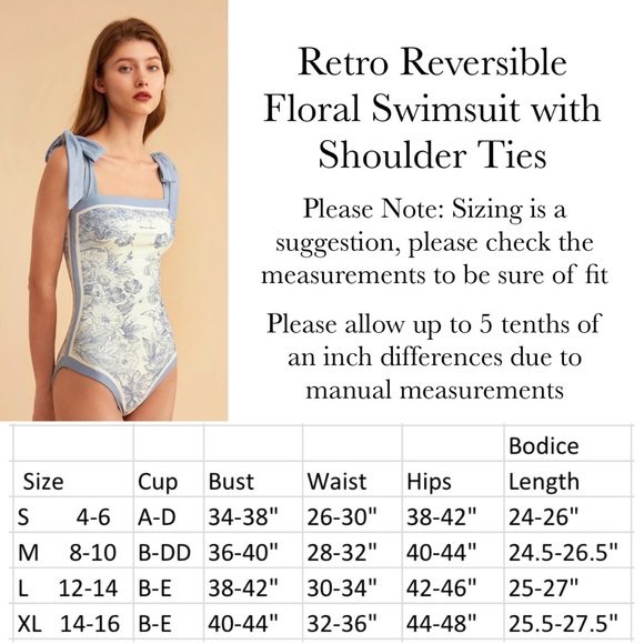 Retro Blue and White Floral Reversible Swimsuit with Shoulder Ties - Picture 16 of 16